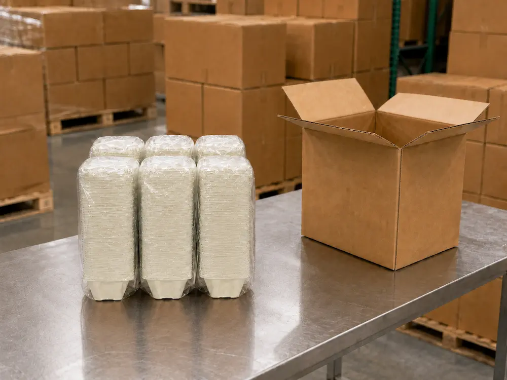 Six PE-bagged stacks of Premium Tearable 2-Cup Molded Pulp Drink Carriers on a stainless steel packing table beside an unprinted carton