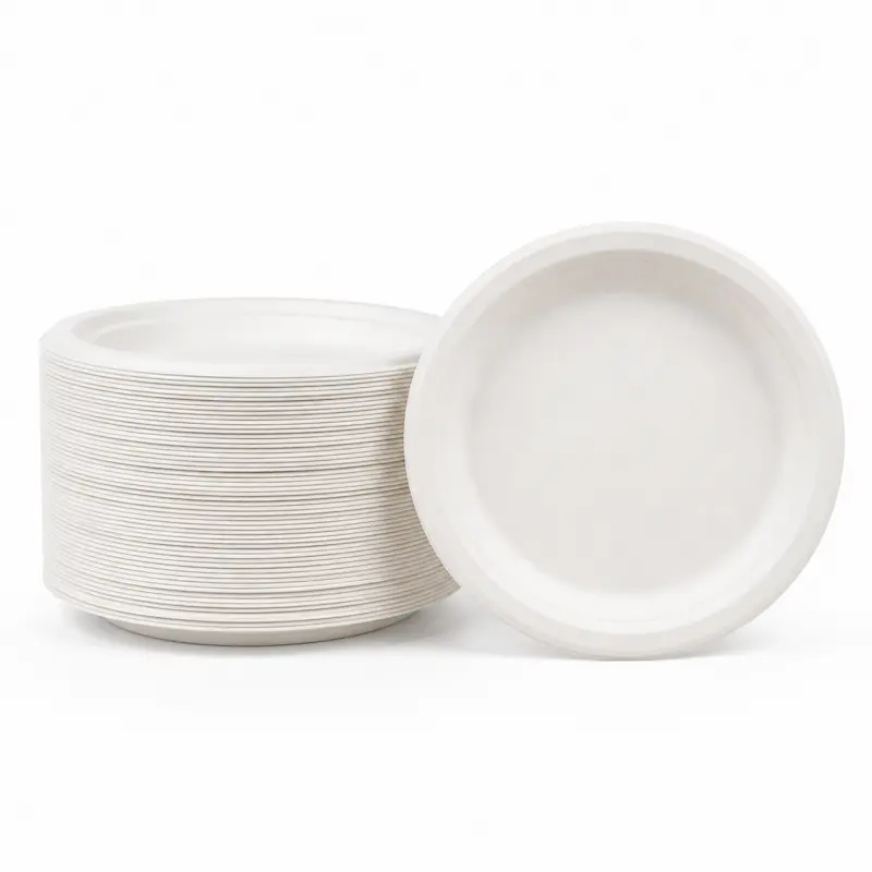 6 inch sugarcane bagasse round plate with stacked compostable plates