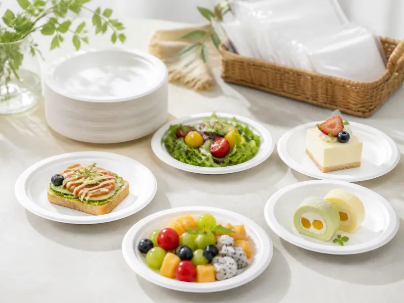 sugarcane bagasse round plates used for catering snacks desserts and salad