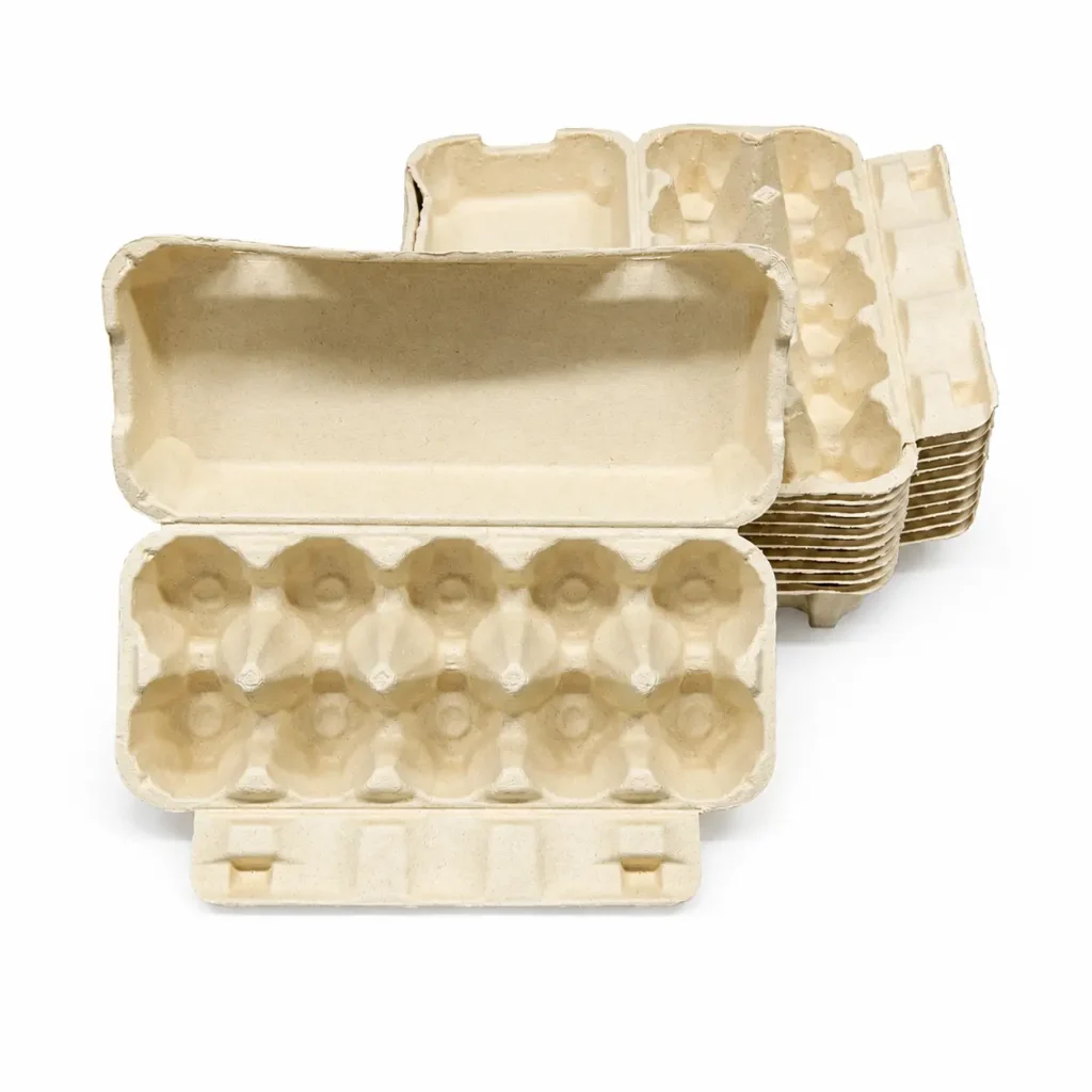 Open 12-count molded pulp egg carton with stacked cartons behind