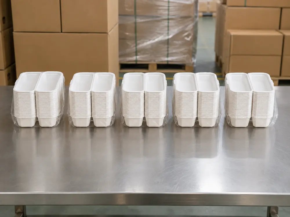 7x5 molded pulp food clamshell stacks packed in PE bags on a factory table with shipping cartons in the background