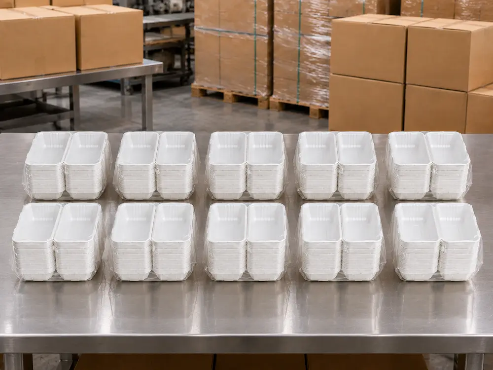 Stacked 9 x 6 x 3-inch molded pulp food clamshells packed in transparent PE bags for export shipment