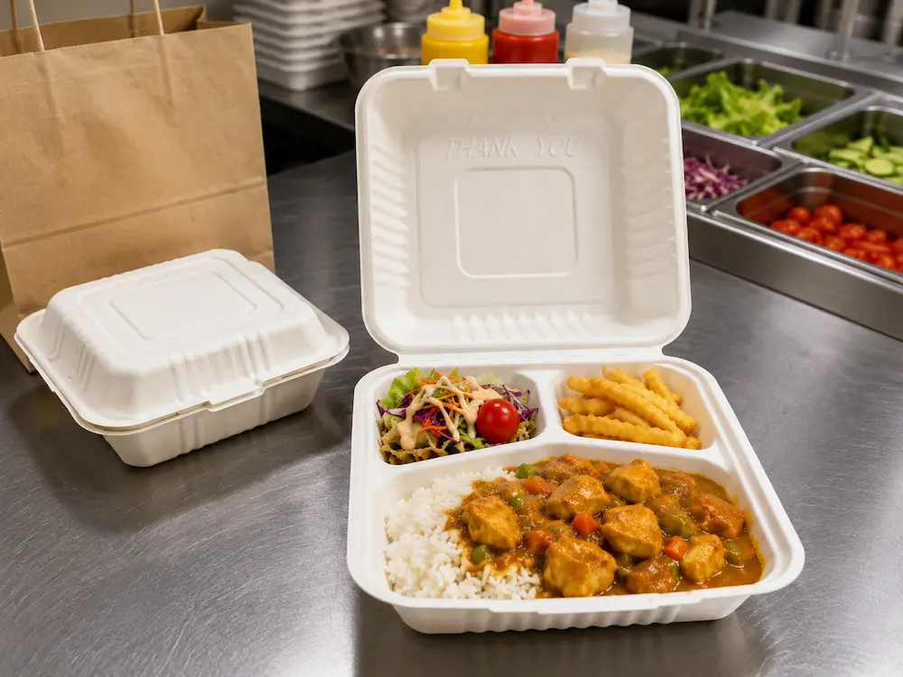 7x5 molded pulp food clamshell used for curry rice salad and fries takeaway meal packaging in commercial kitchen