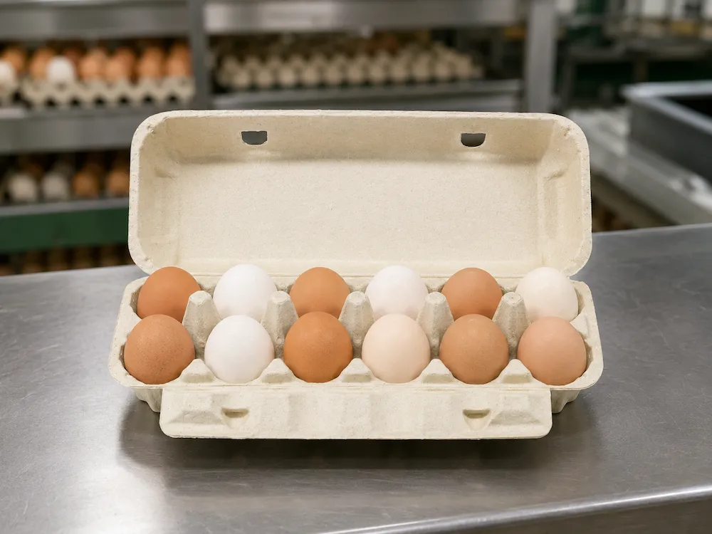 12-count molded pulp egg carton holding twelve eggs at an egg packing station