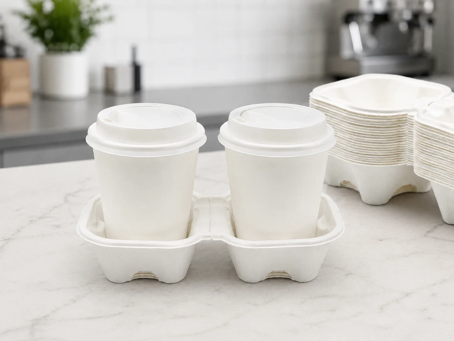 White tearable 2-cup molded pulp drink carrier used for takeaway coffee cups