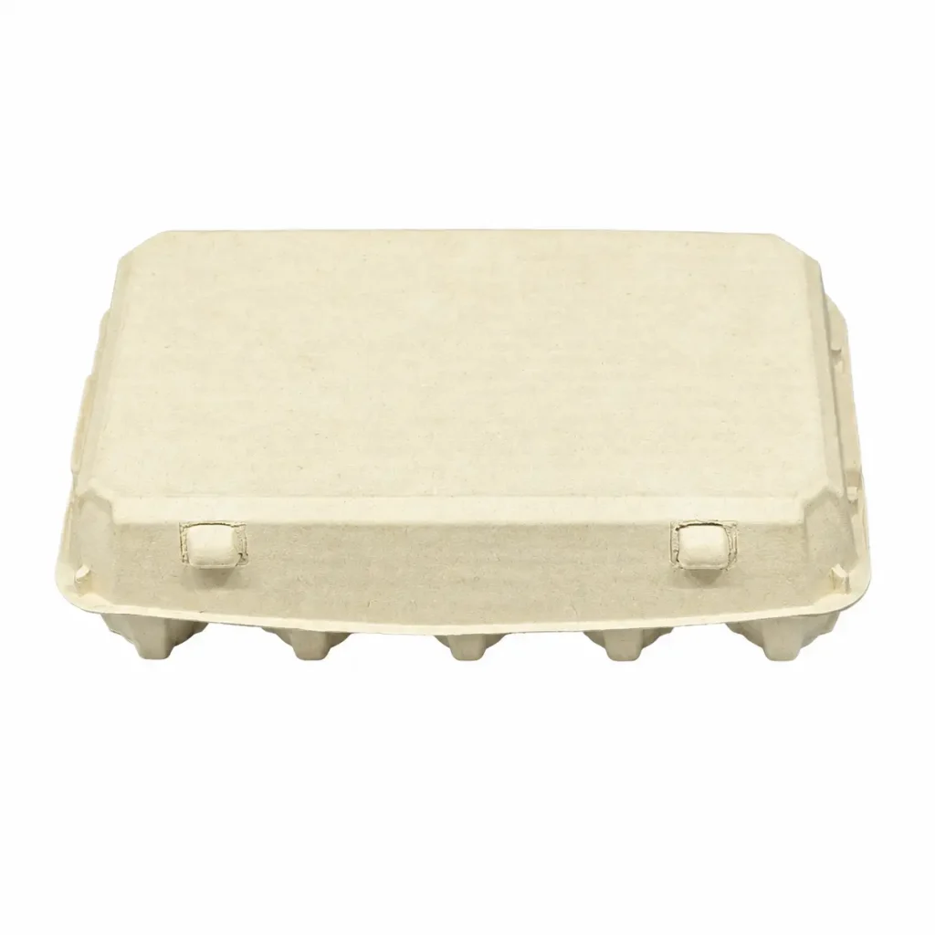 Closed front view of 15-count molded pulp egg carton