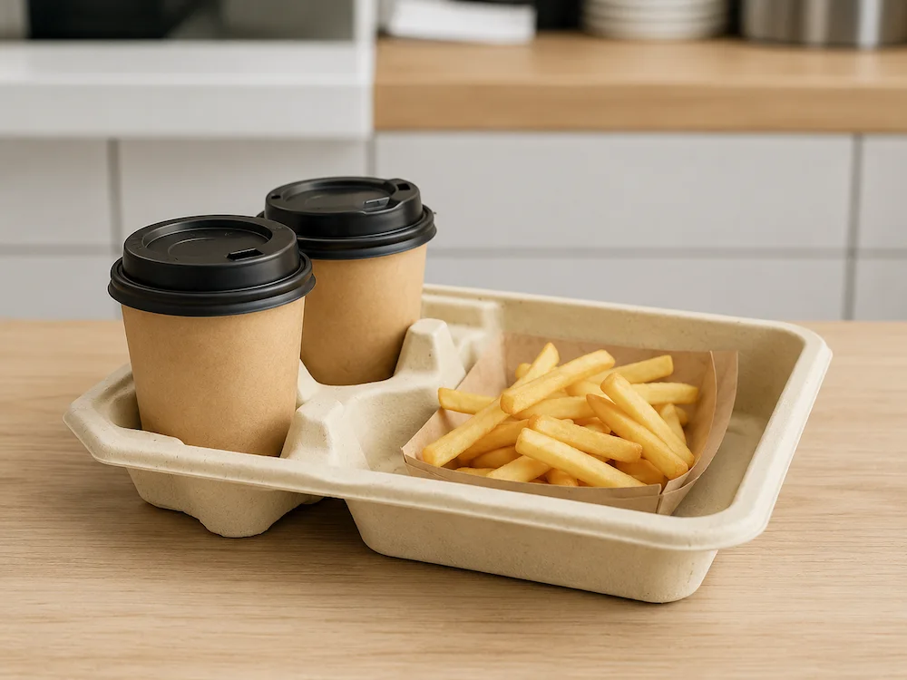 2-cup pulp carrier with food tray for takeaway drinks and fries