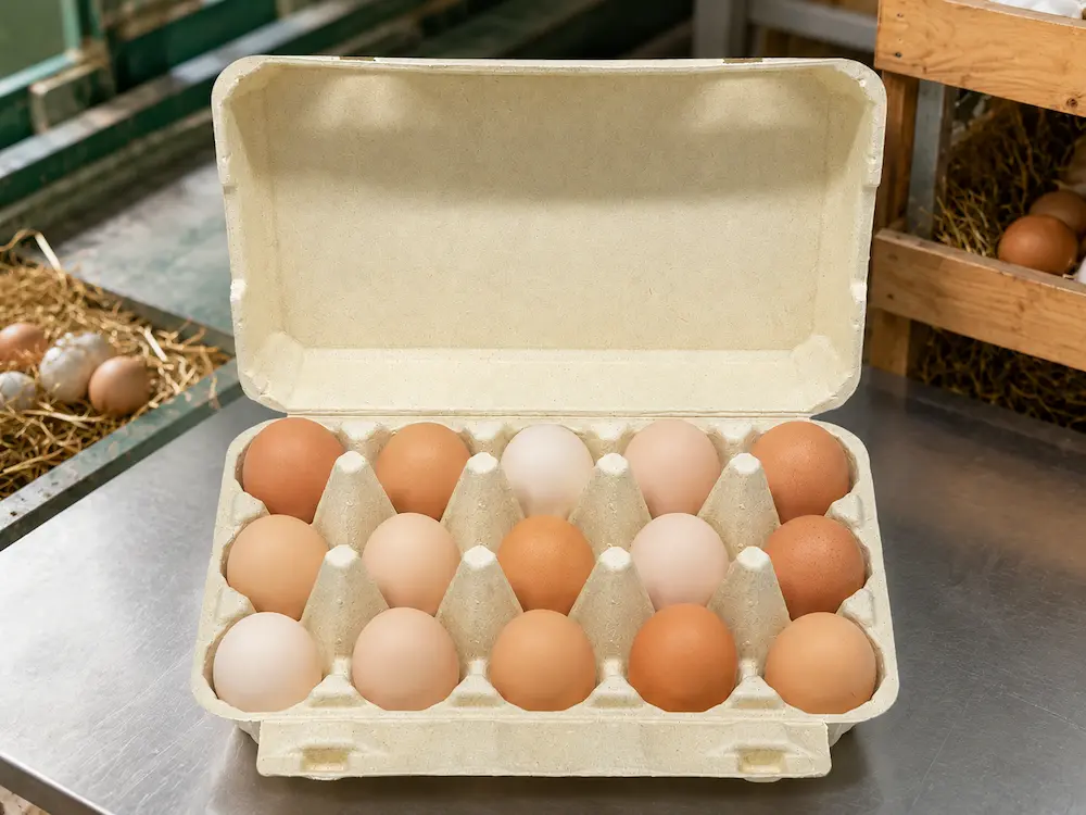 15-count molded pulp egg carton holding fifteen eggs at an egg packing station