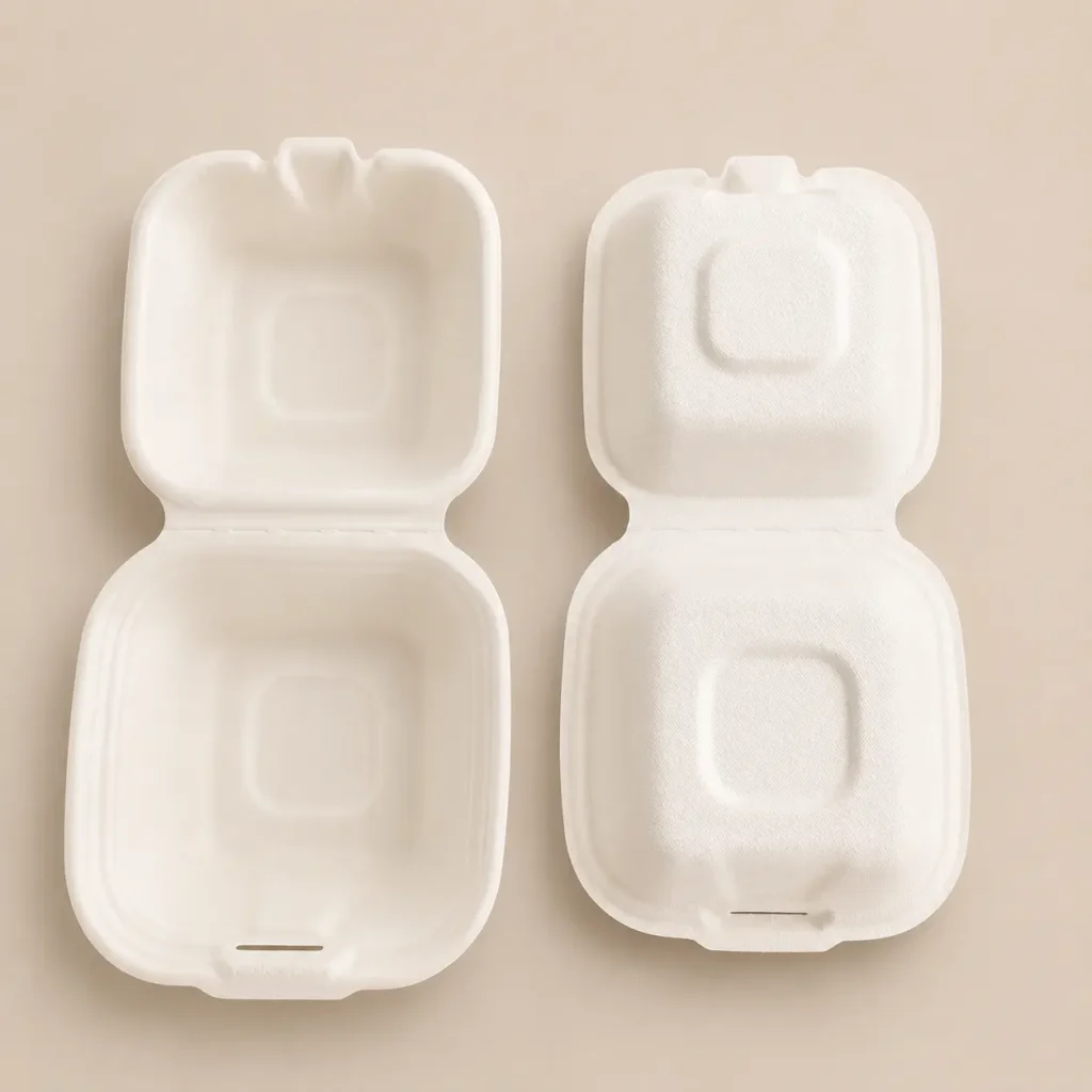 Product display of 5-inch molded pulp burger box showing open and closed clamshell design