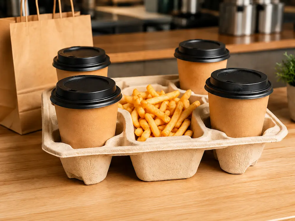 4-cup pulp carrier with food tray for takeaway drinks and fries