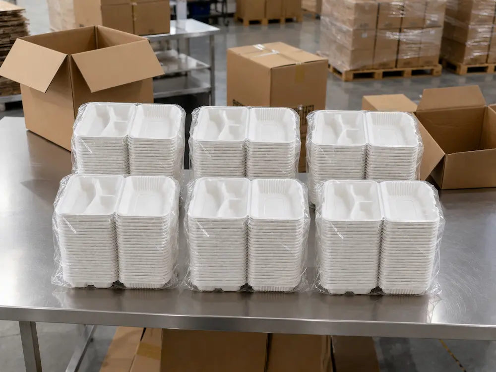 7x5 molded pulp food clamshell containers stacked in PE bags for bulk factory shipment with cartons in the background