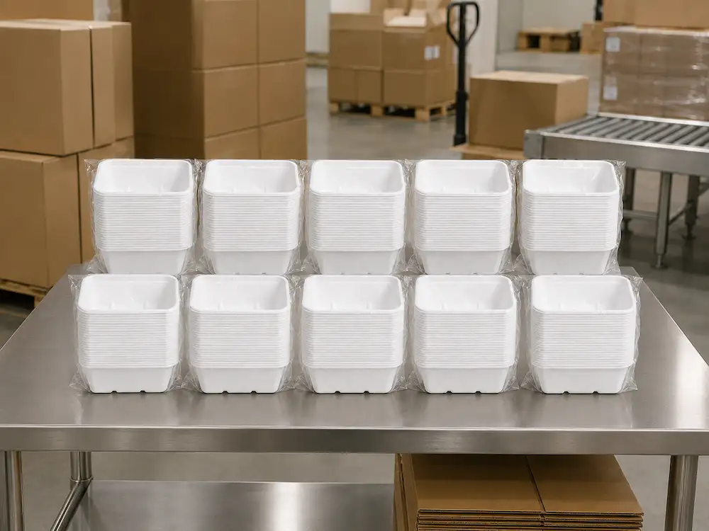750ml molded pulp rectangular food container stacks packed in transparent PE bags at a factory shipping area
