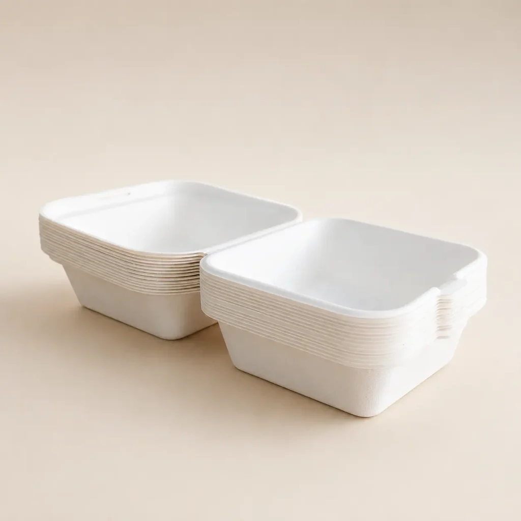 Stacked side view of 6-inch molded pulp burger box for takeaway packaging