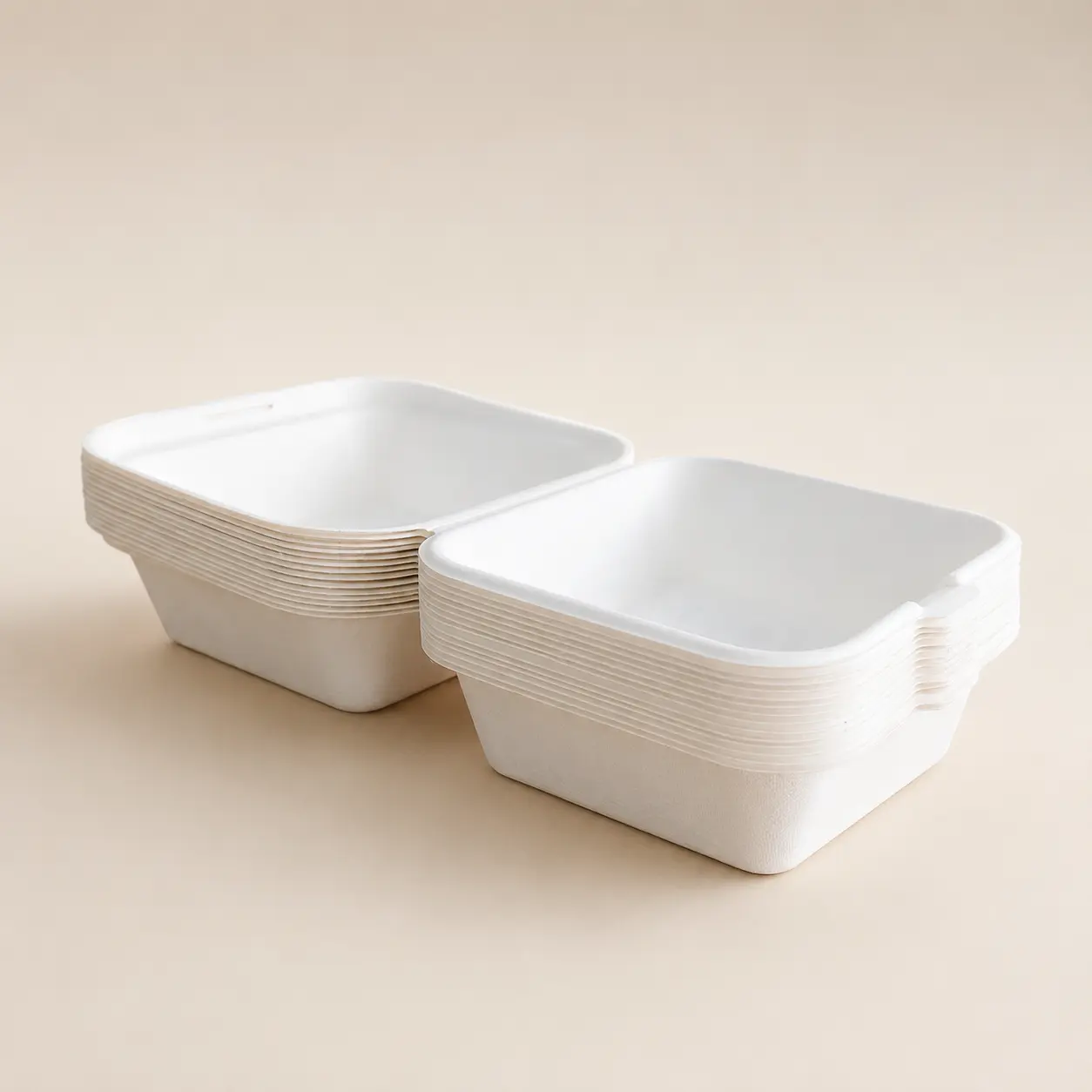 6-Inch Molded Pulp Burger Box Stacked Side View Stacked side view of 6-inch molded pulp burger box for takeaway packaging