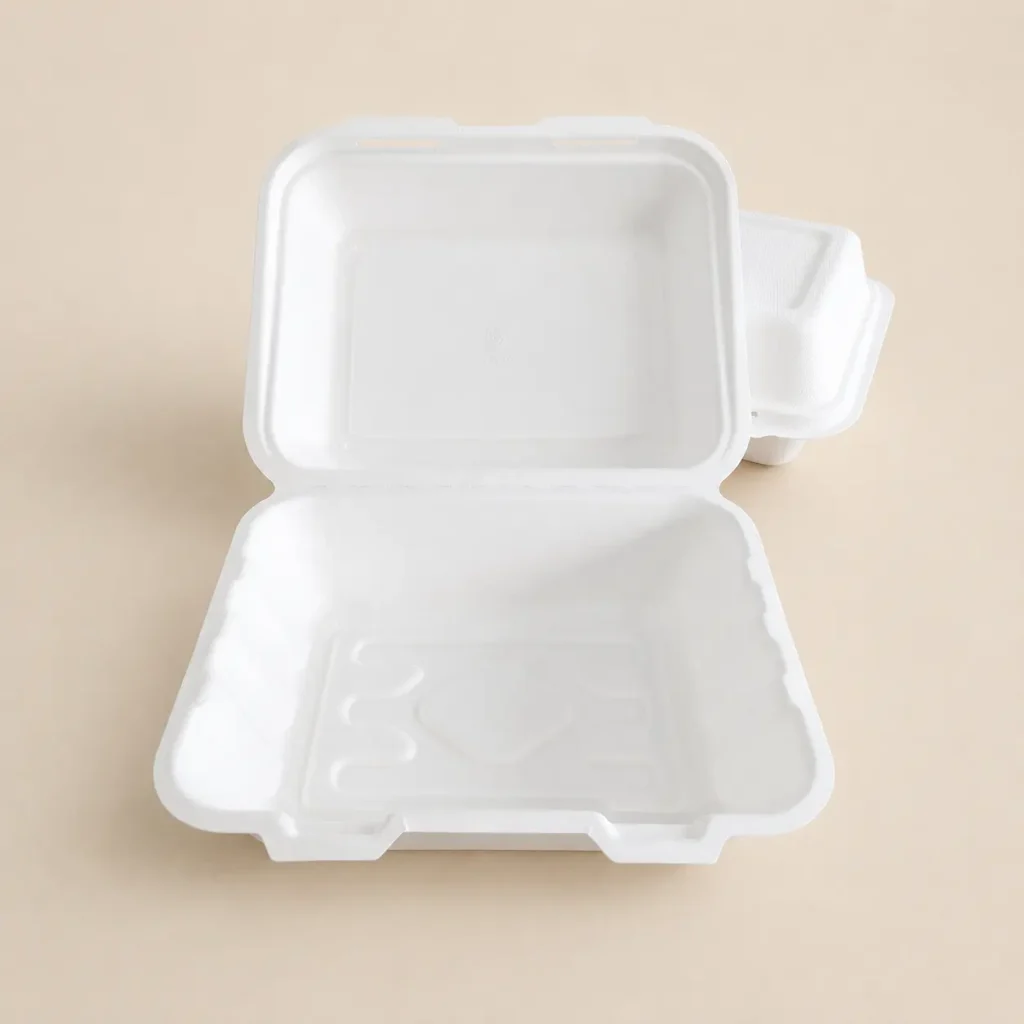 Open front view of 7.5 x 6-inch molded pulp clamshell
