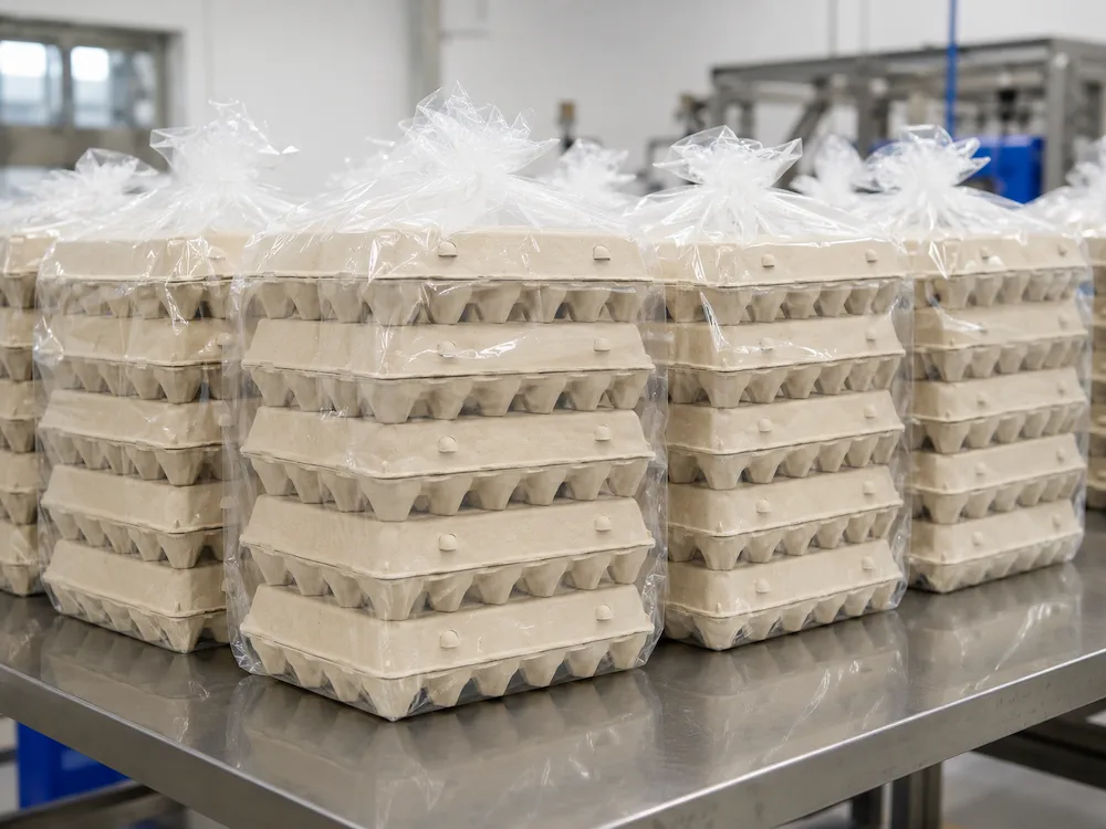 Stacked 12-count molded pulp egg cartons packed in thickened PE bags