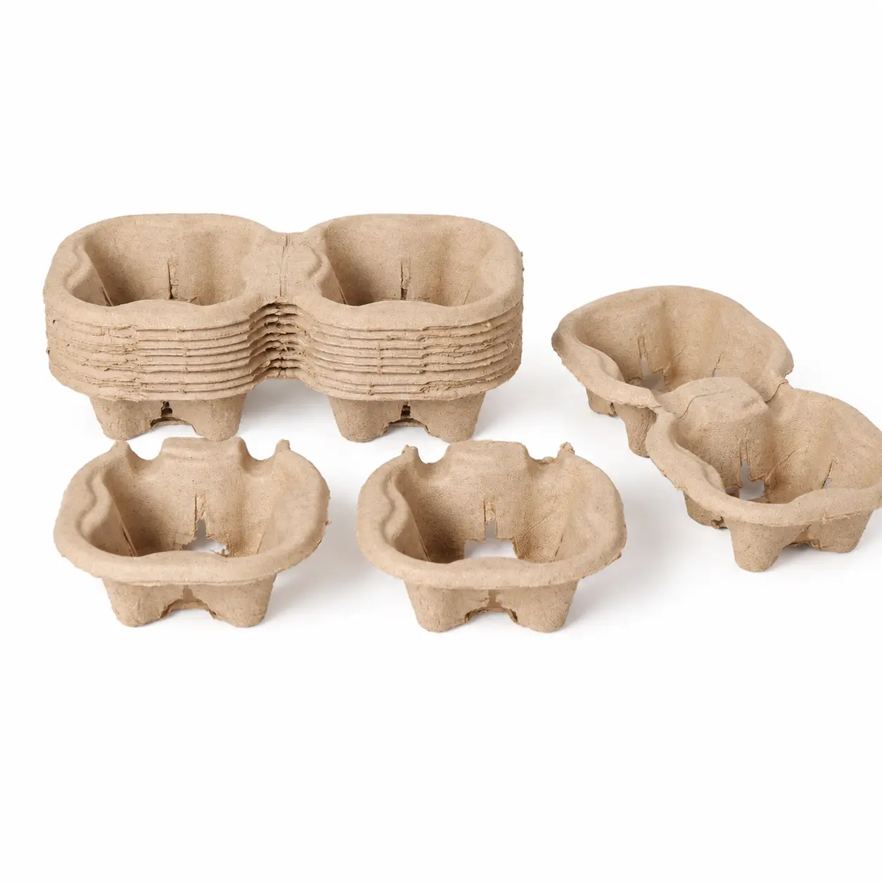 Tearable 2-Cup Pulp Carrier Stack Display Stacked and separated tearable 2-cup pulp carriers