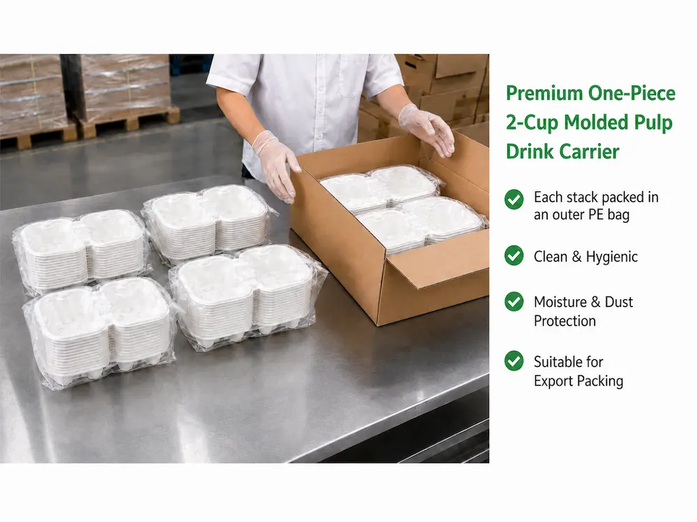 White tearable 2-cup molded pulp drink carriers packed in export cartons