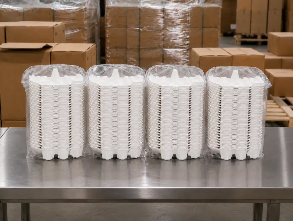 Four transparent PE-bagged stacks of White 10-Count Molded Pulp Egg Cartons arranged on a stainless steel factory packing table