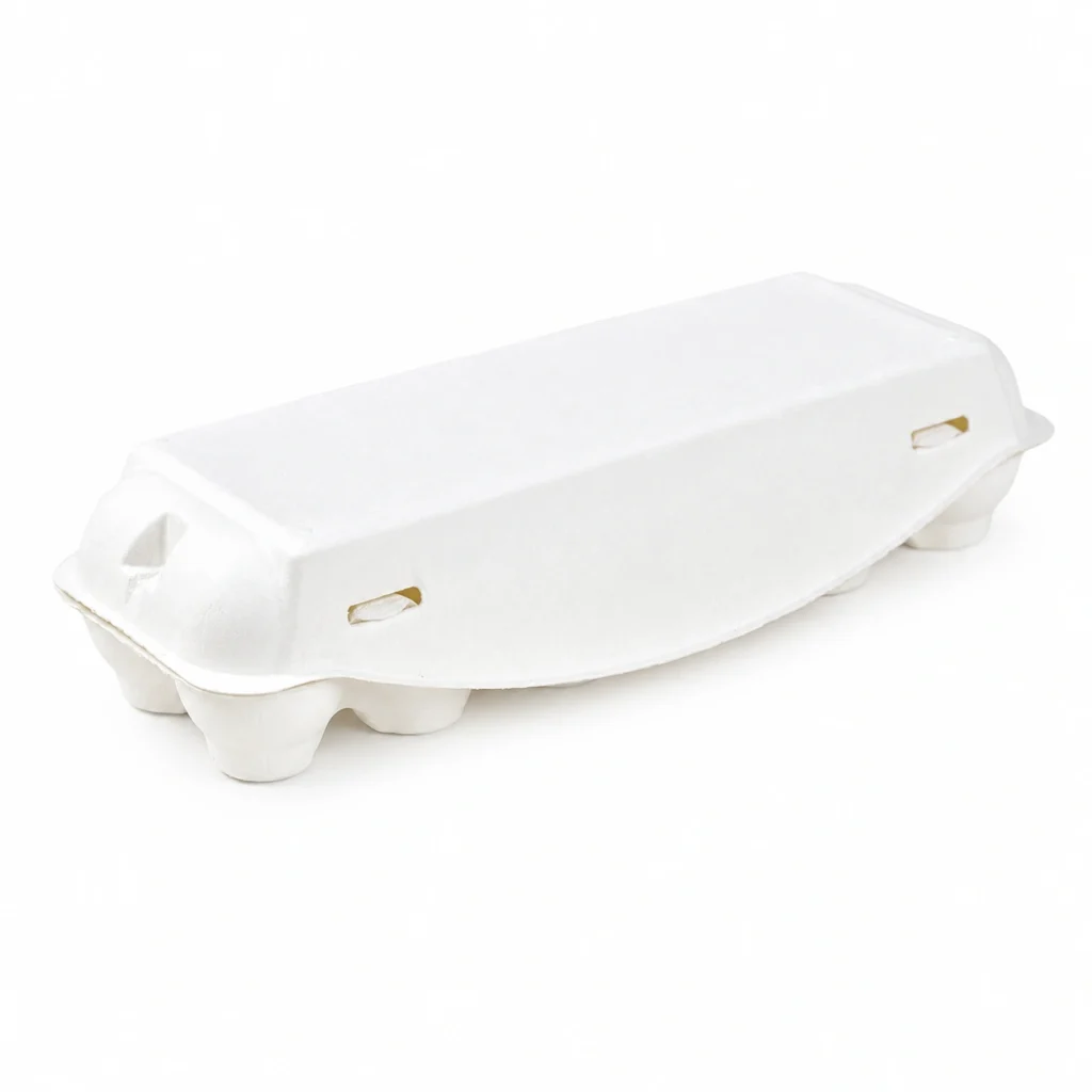 Closed side view of white 12-count molded pulp egg carton
