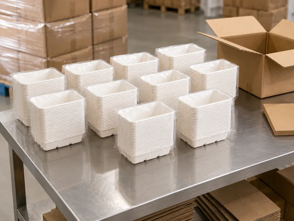 450ml molded pulp rectangular food container bases and lids packed in transparent PE bags for export shipment
