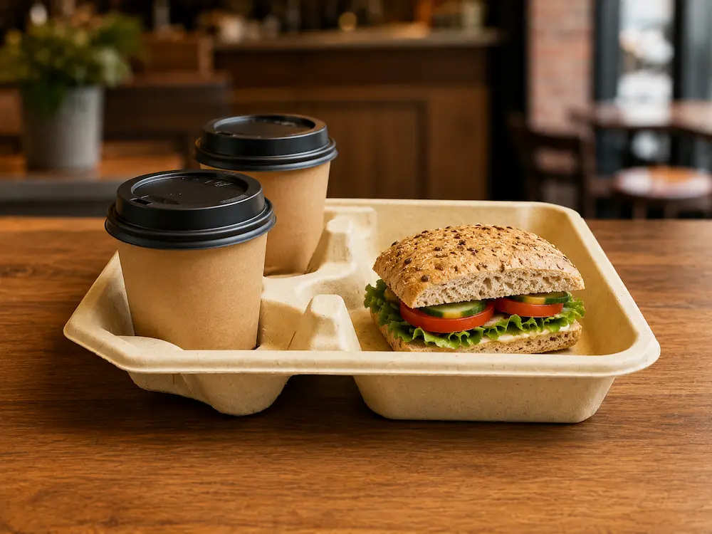 Natural-color 2-Cup Molded Pulp Cup Carrier with Food Tray holding two takeaway coffee cups and a sandwich on a café table