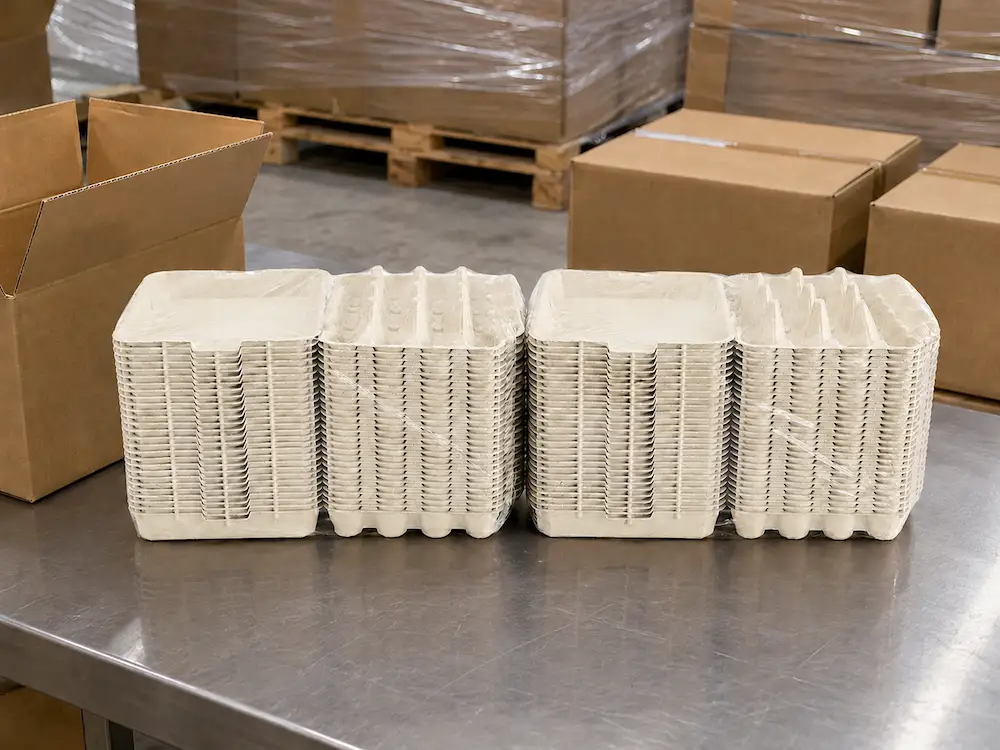 Two PE-wrapped nested stacks of open 30-Count Molded Pulp Egg Cartons with connected lids and egg-cell bases on a factory table