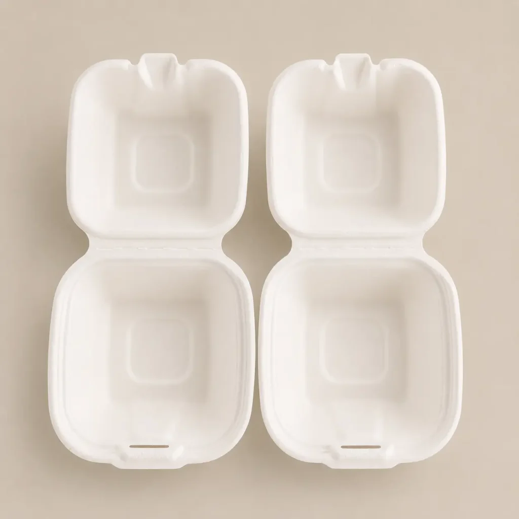 Open top view of 5-inch molded pulp burger box in molded pulp fiber