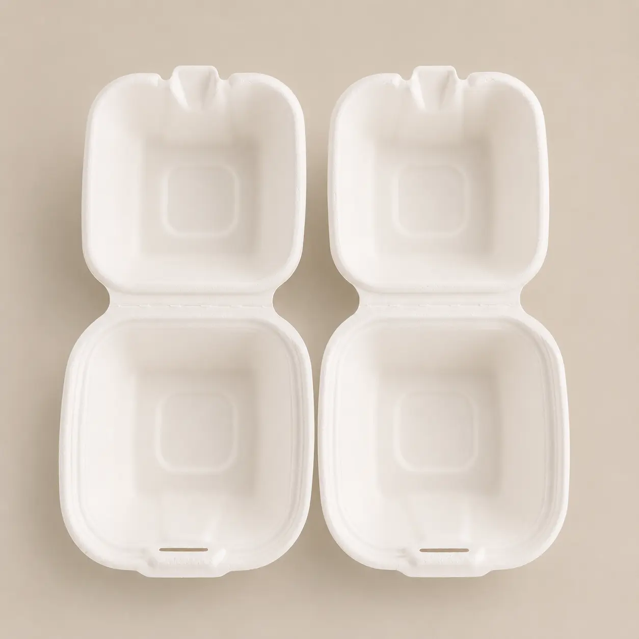 5-Inch Molded Pulp Burger Box Open Top View Open top view of 5-inch molded pulp burger box in molded pulp fiber