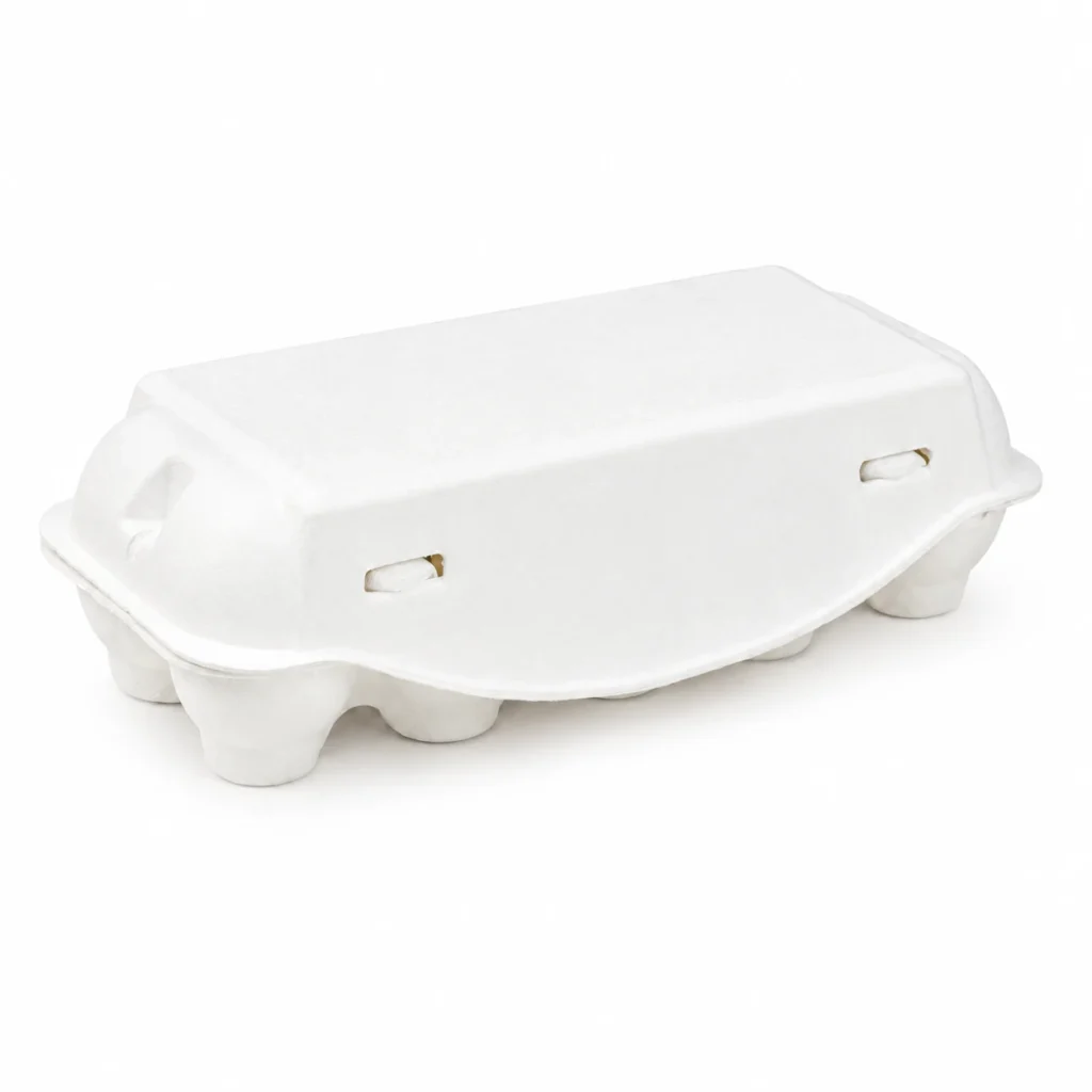 Closed side view of white 10-count molded pulp egg carton