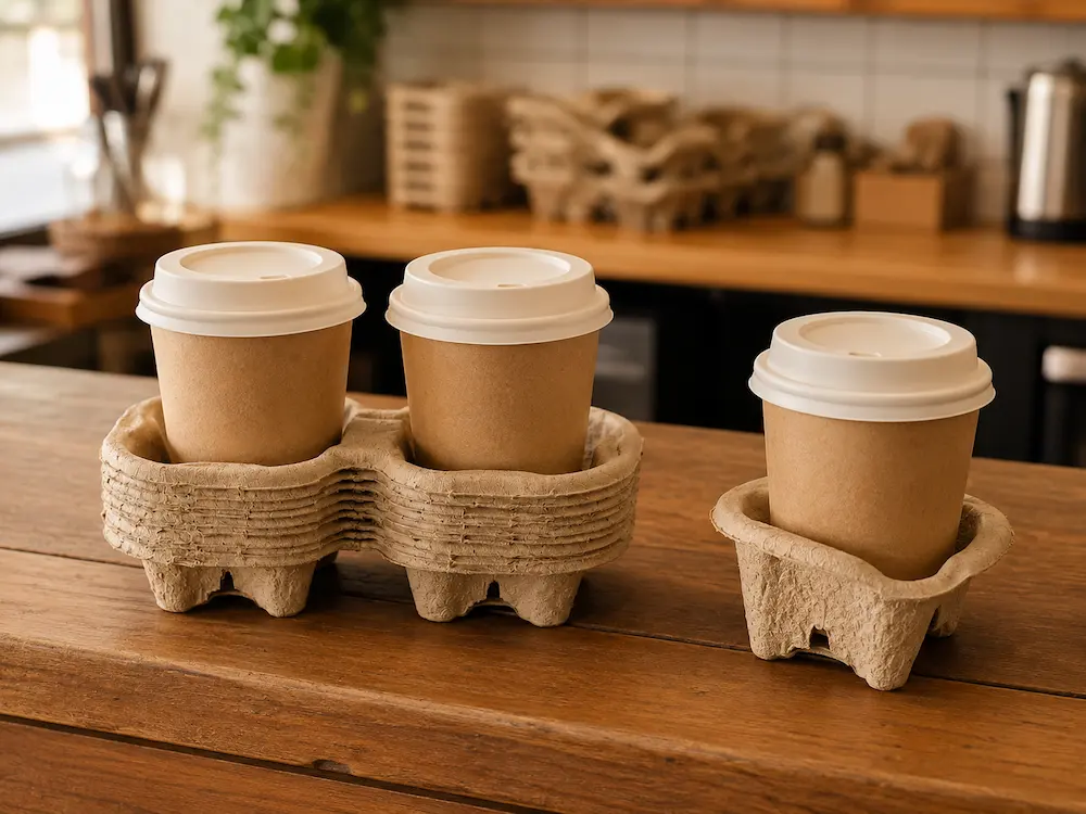 Tearable 2-cup pulp carrier used for takeaway coffee cups