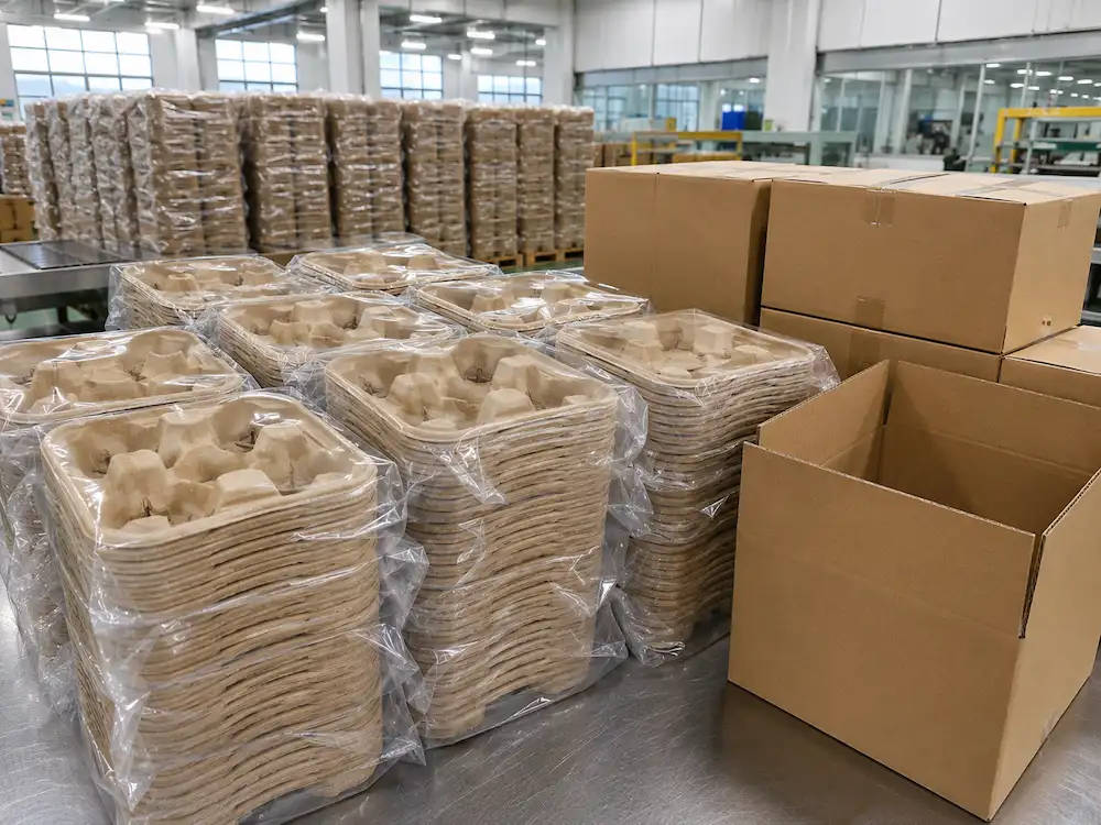 Stacked One-Piece 4-Cup molded pulp drink carriers packed in PE bags in factory shipping scene