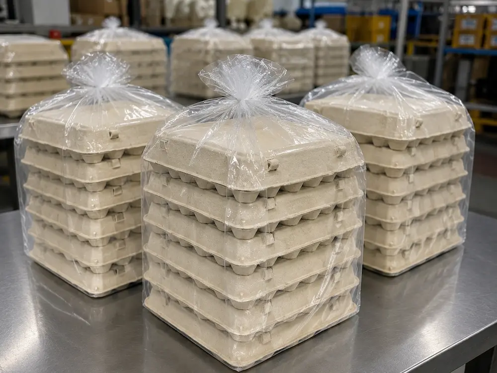 Stacked 20-count molded pulp egg cartons packed in thickened PE bags