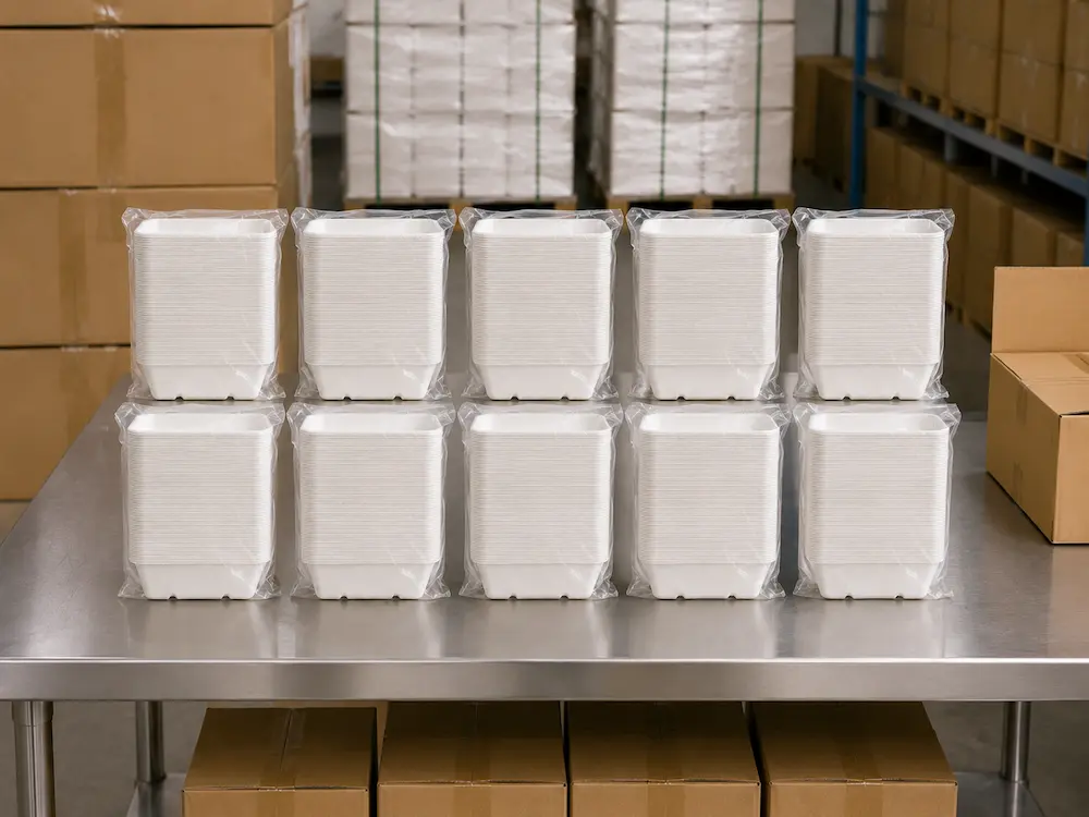 650ml molded pulp rectangular food container stacks packed in transparent PE bags for factory shipment