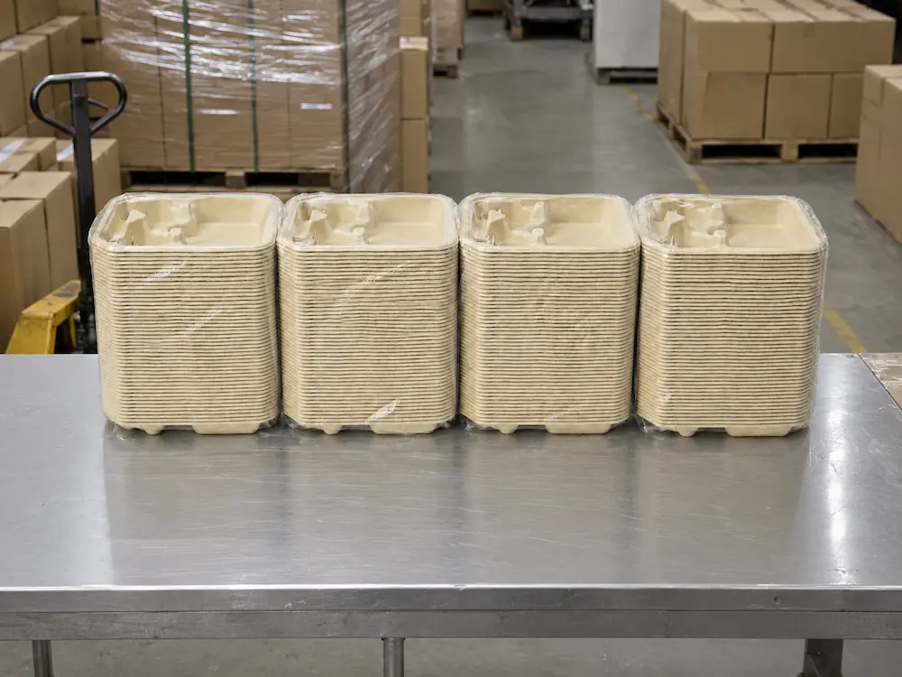 Four PE-bagged stacks of 2-Cup Molded Pulp Cup Carriers with Food Trays arranged on a stainless steel factory packing table