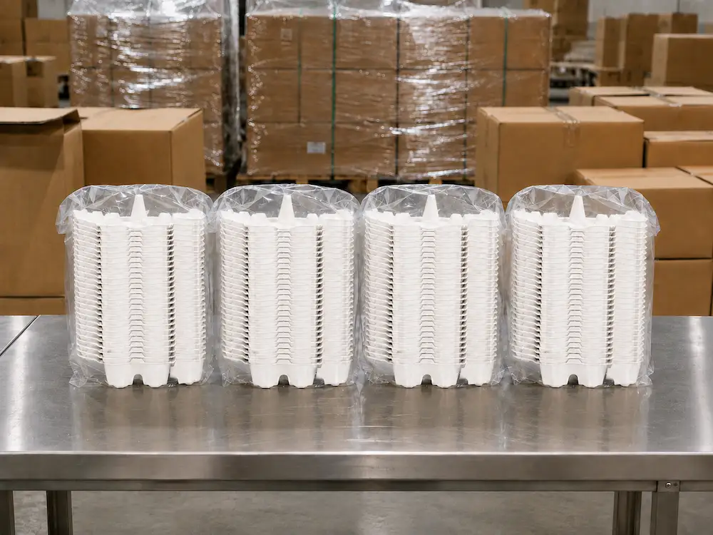 Four transparent PE-bagged stacks of White 12-Count Molded Pulp Egg Cartons arranged on a stainless steel factory packing table
