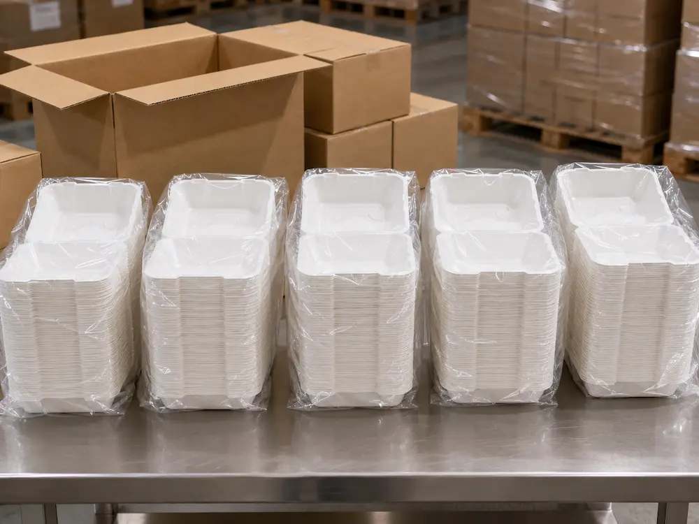 Stacked 7.5 x 6-inch molded pulp clamshells packed in transparent PE bags for export shipment