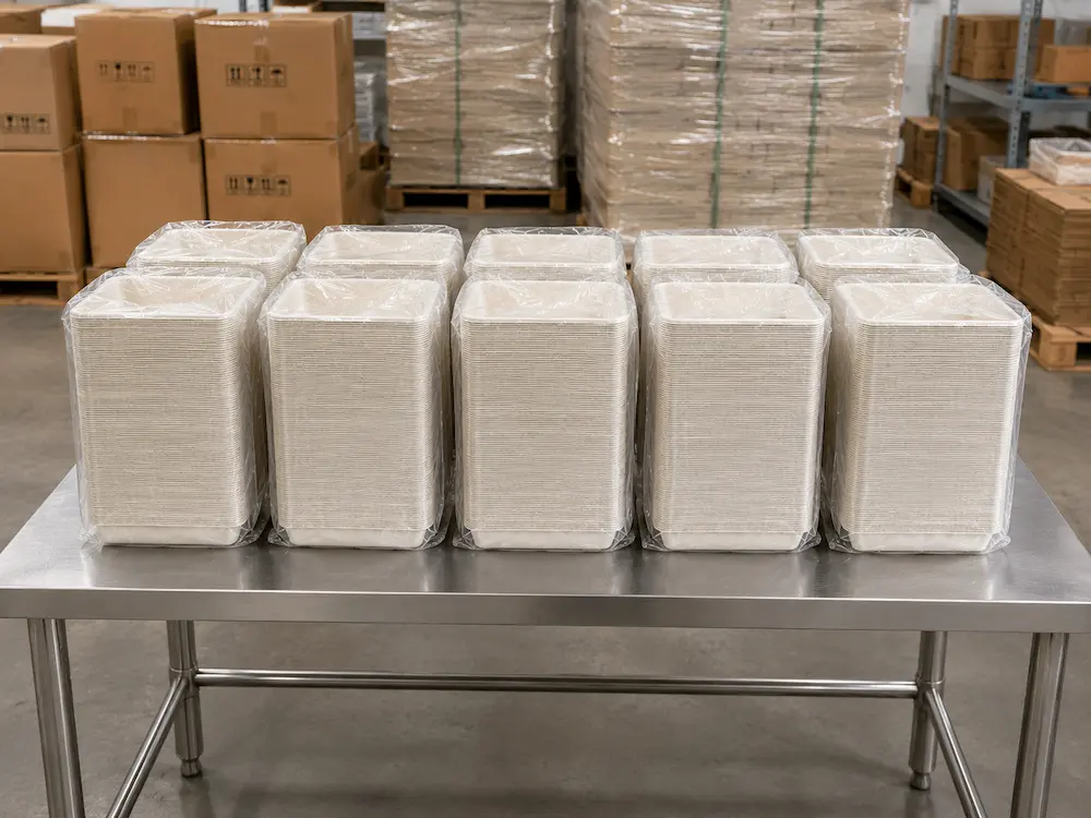 1200ml molded pulp rectangular food container stacks packed in transparent PE bags for factory export shipment