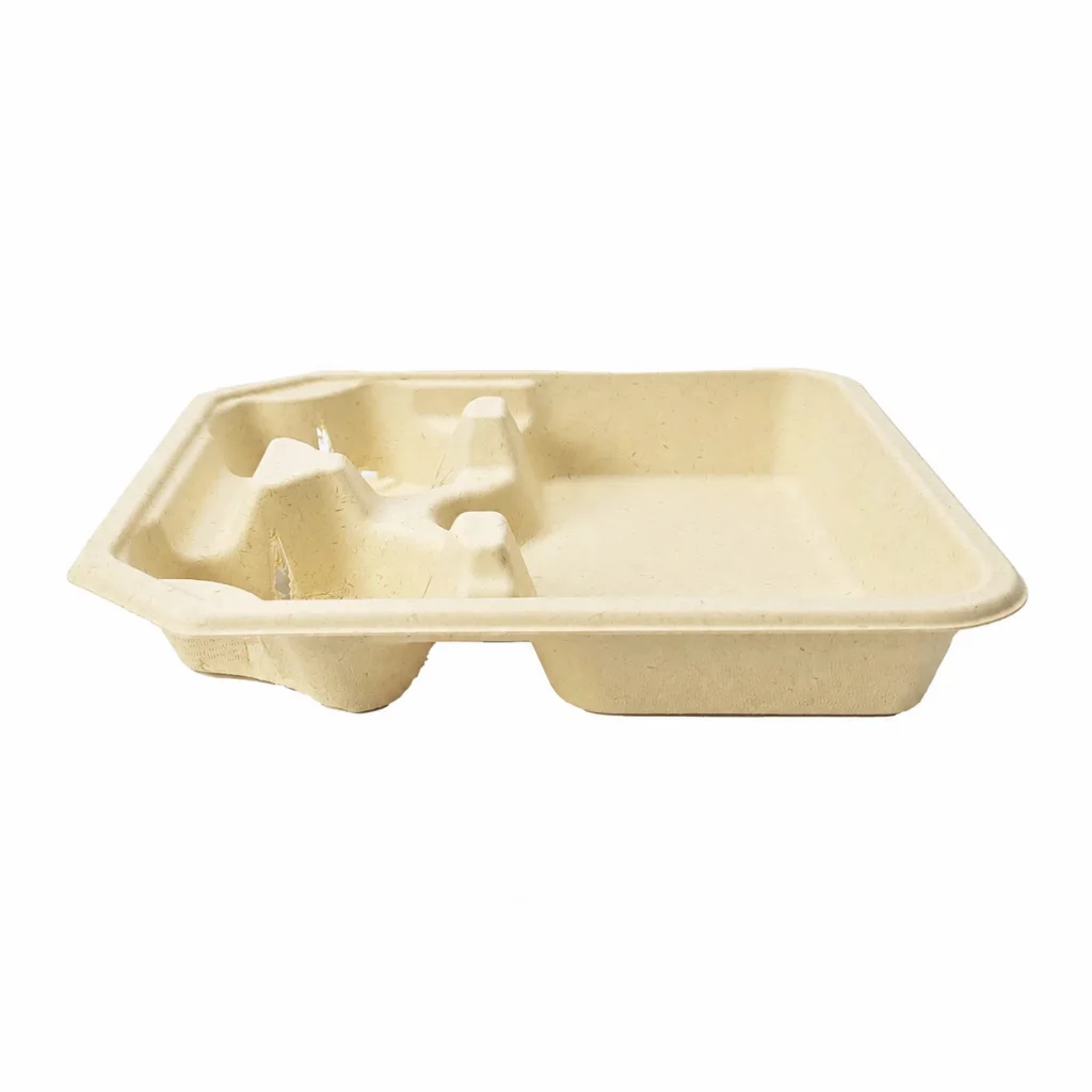 Side view of 2-cup molded pulp cup carrier with food tray