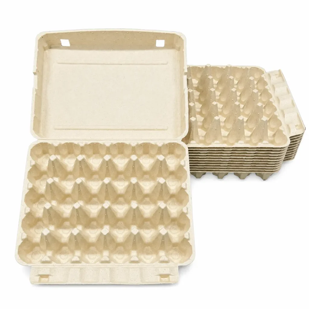 Open 30-count molded pulp egg carton with stacked cartons behind