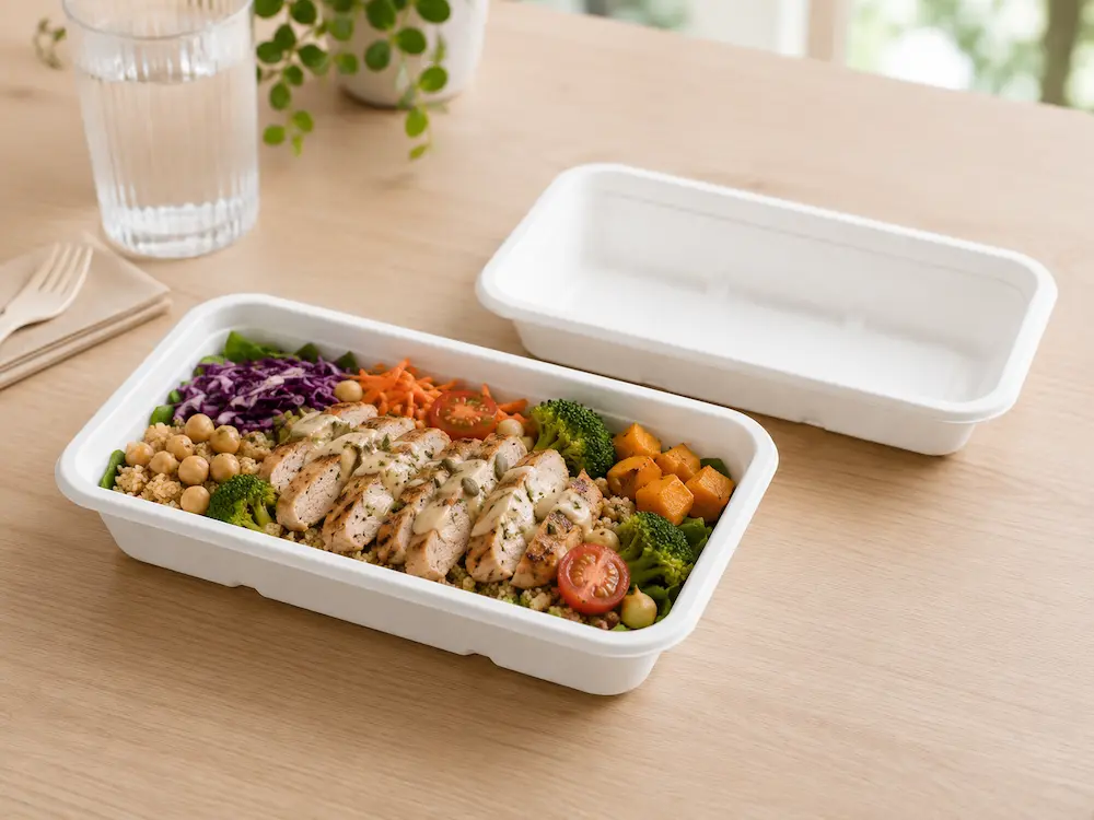 650ml molded pulp rectangular food container holding grilled chicken, grains, vegetables, and salad