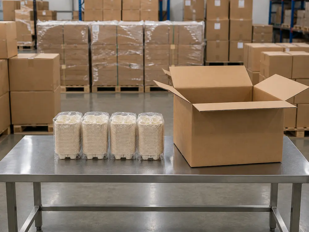 Four PE-bagged stacks of natural-color Tearable 2-Cup Pulp Carriers on a stainless steel packing table beside an open carton