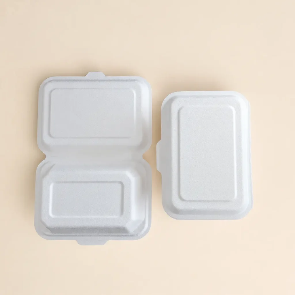 Open and closed top view of 7 x 5 molded pulp food clamshell