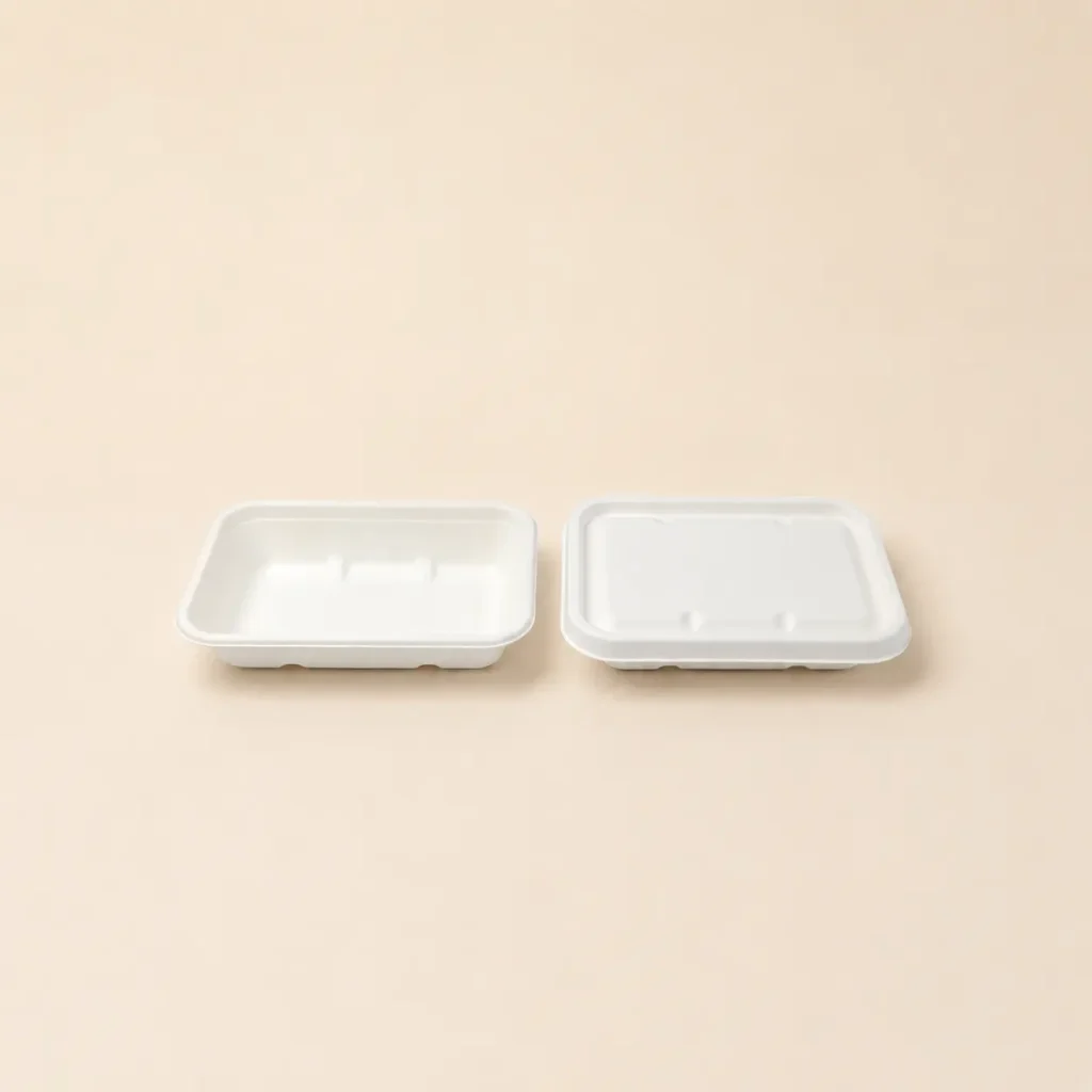 450ml molded pulp rectangular food container shown without lid and with matching lid