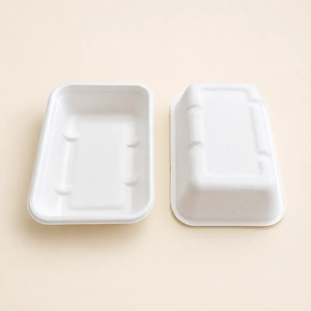 Front and back views of 450ml molded pulp rectangular food container