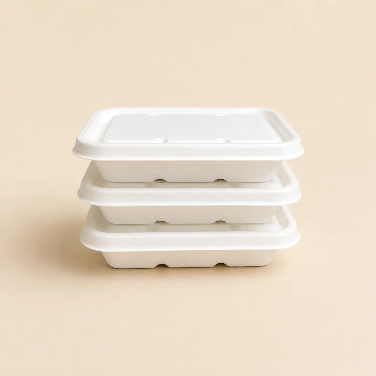 450ml Molded Pulp Rectangular Food Container Stacked View Stacked 450ml molded pulp rectangular food containers with matching lids