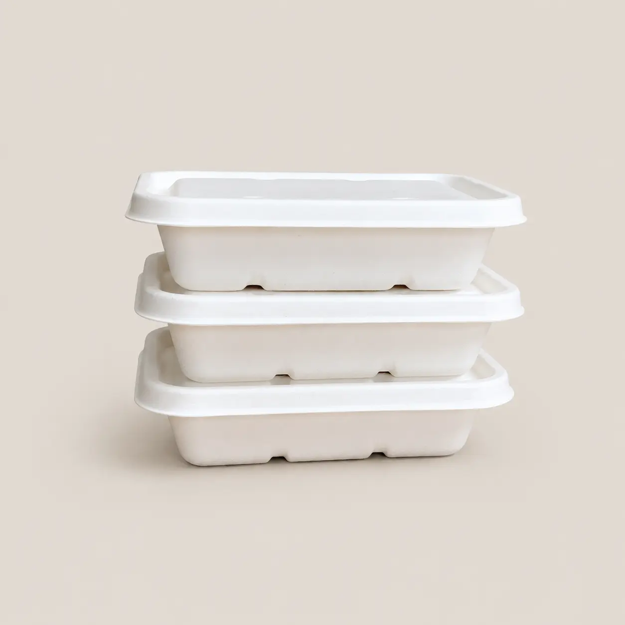 550ml Molded Pulp Rectangular Food Container Stacked View Stacked 550ml molded pulp rectangular food containers with matching lids