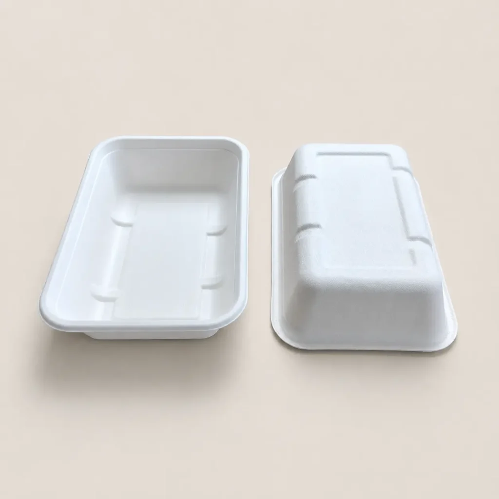 Front and back views of 550ml molded pulp rectangular food container