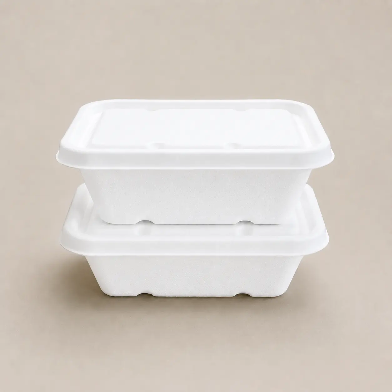 750ml Molded Pulp Rectangular Food Container Stacked View Two stacked 750ml molded pulp rectangular food containers with matching lids