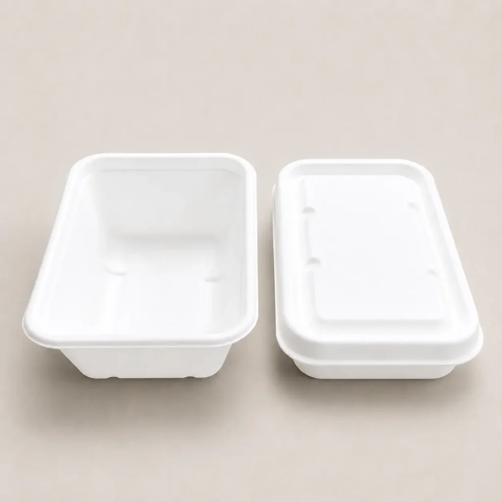 750ml molded pulp rectangular food container shown without lid and with matching lid
